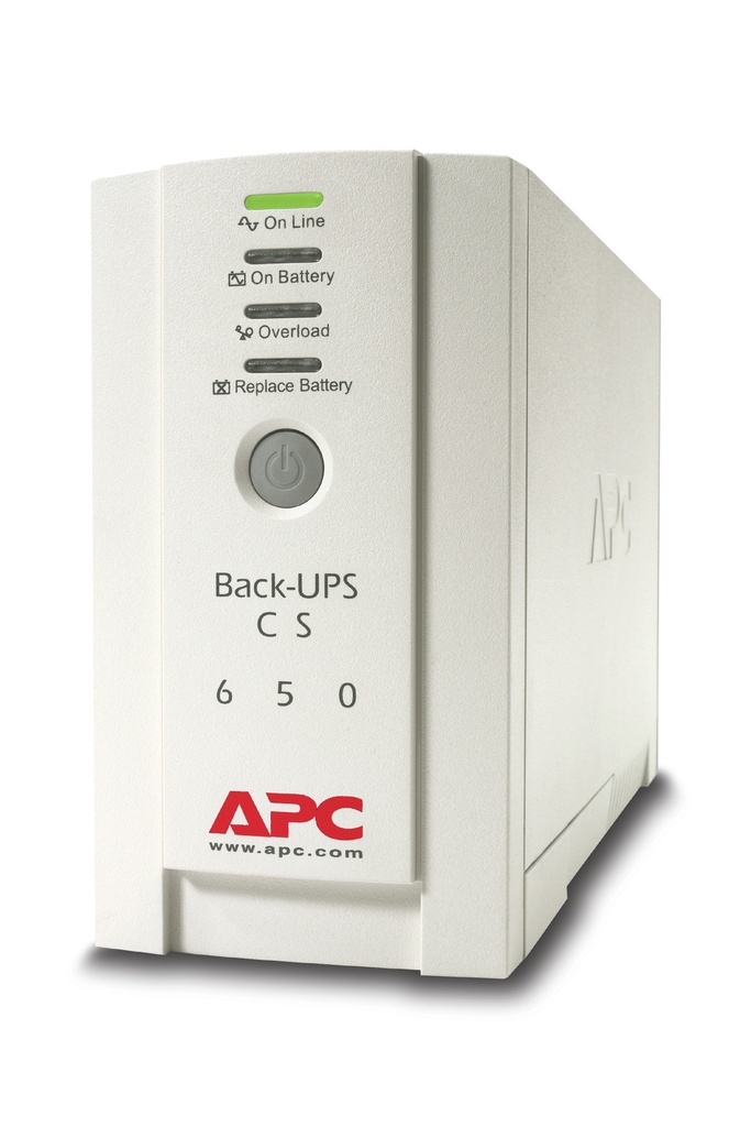 Onduleur APC Back-UPS 650VA - 400 Watts - 11 minutes d'autonomie- Technologie OffLine pour protection des PC. 1 prise C14 en entrée et 4 prises C13 en sortie. Garantie 2 ans. Batterie de remplacement optionnel RBC17